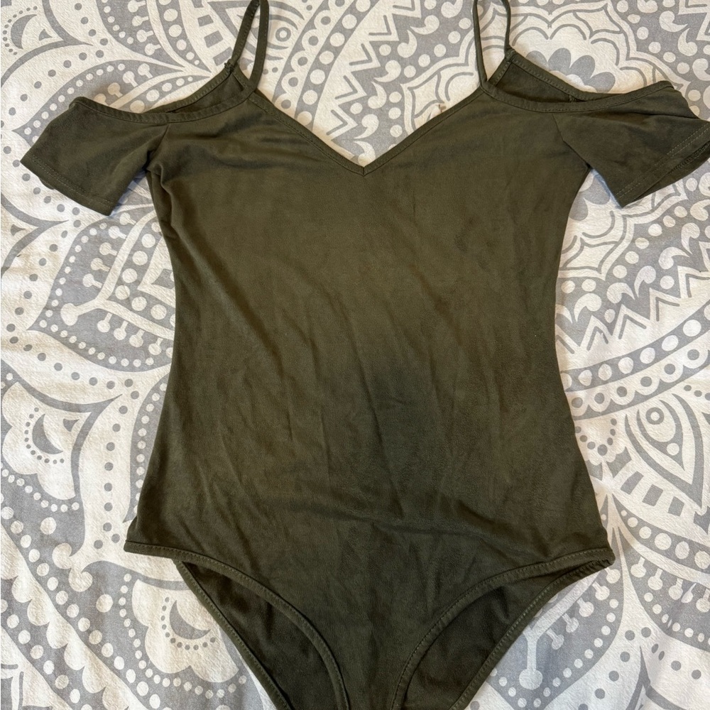 Faux suede cold shoulder bodysuit